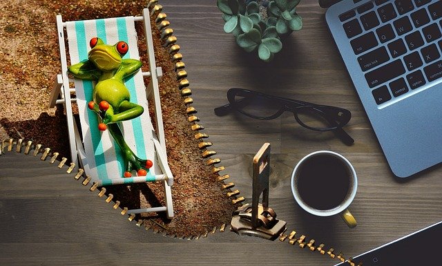 Na obrázku je napůl práce (počítač, brýle) a napůl dovolená (žabák co se válí na lehátku na pláži)