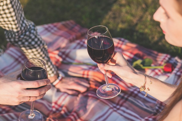 Pár sedící na piknikové dece, připíjející si červeným vínem